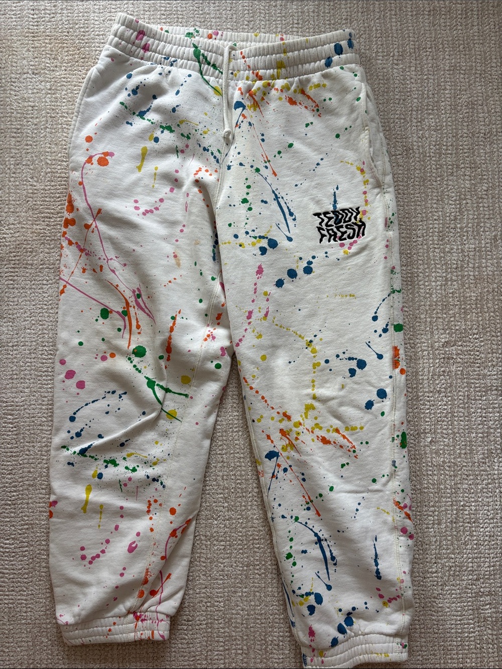 Teddy Fresh White Paint-Splatter Joggers with Logo Patch
